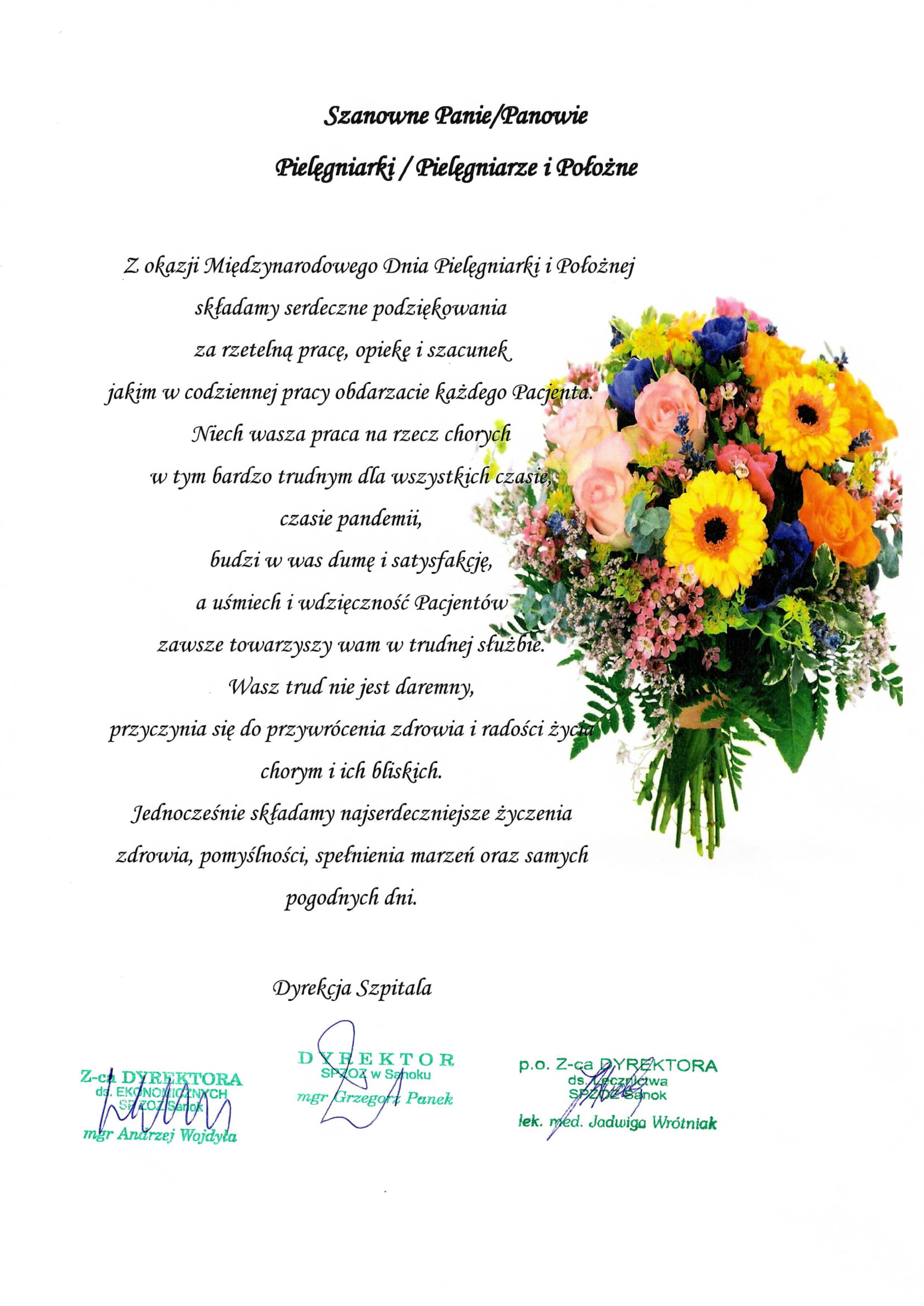Życzenia od dyrekcji dla pielęgniarek i położnych