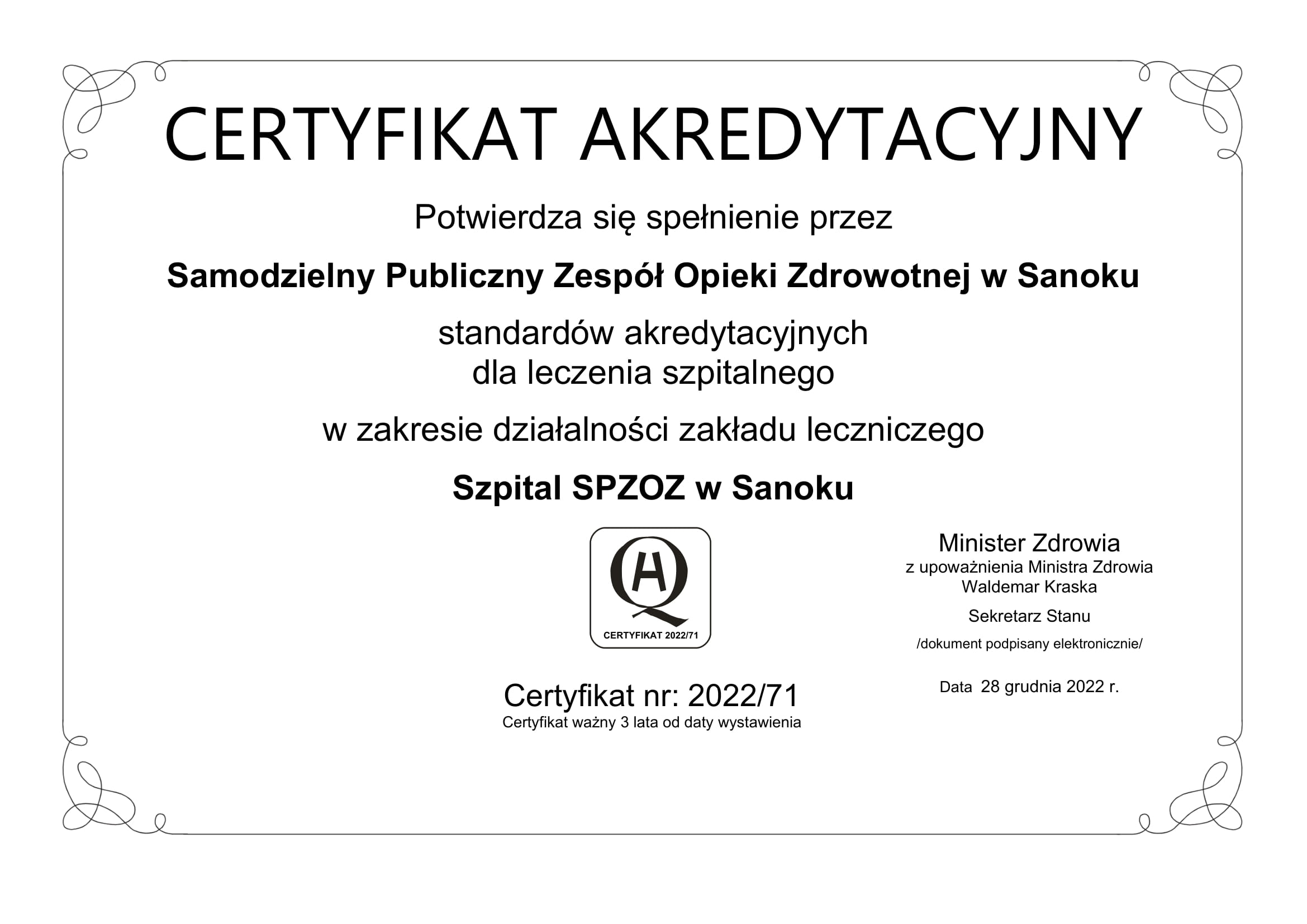 Certyfikat potwierdzający otrzymanie certyfikatu akredytacyjnego 2022