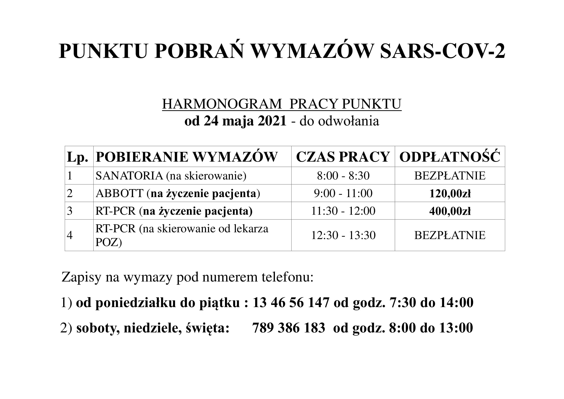 Harmonogram pracy punktu wymazowego